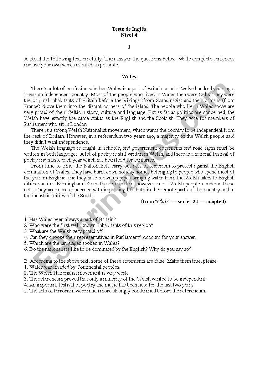 English test level 4 worksheet