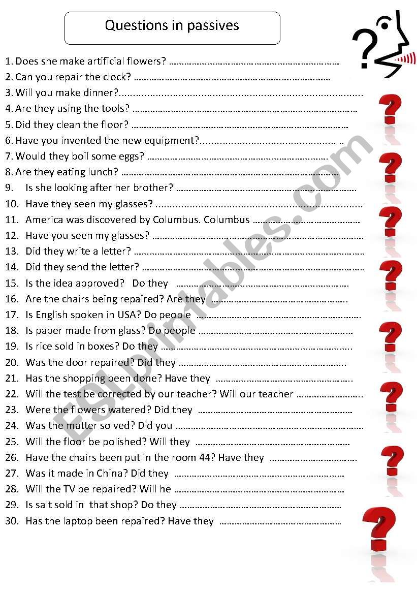 Present simple passive speak. Passive Voice ESL questions. Passive Voice вопросы. Questions in Passive Voice exercises. Passive Voice вопросы Worksheets.