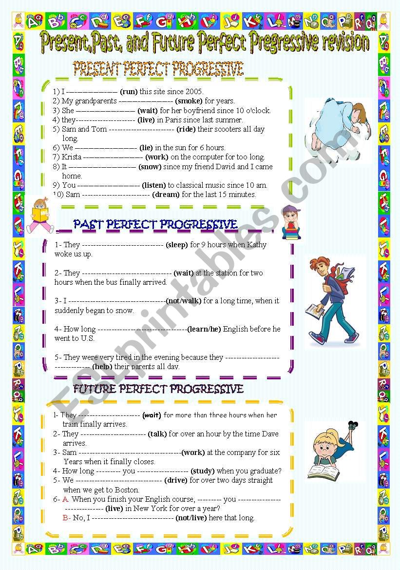  Present,Past,and Future Perfect Progressive revision.( key included)