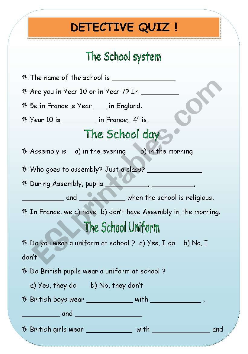 all about a British school worksheet