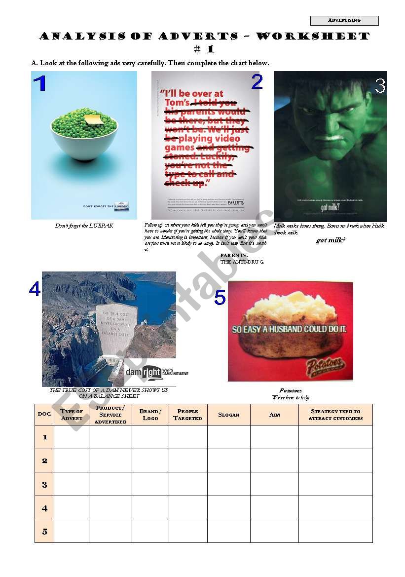 ANALYSIS OF ADVERTS – Worksheet # 29 - ESL worksheet by pmca