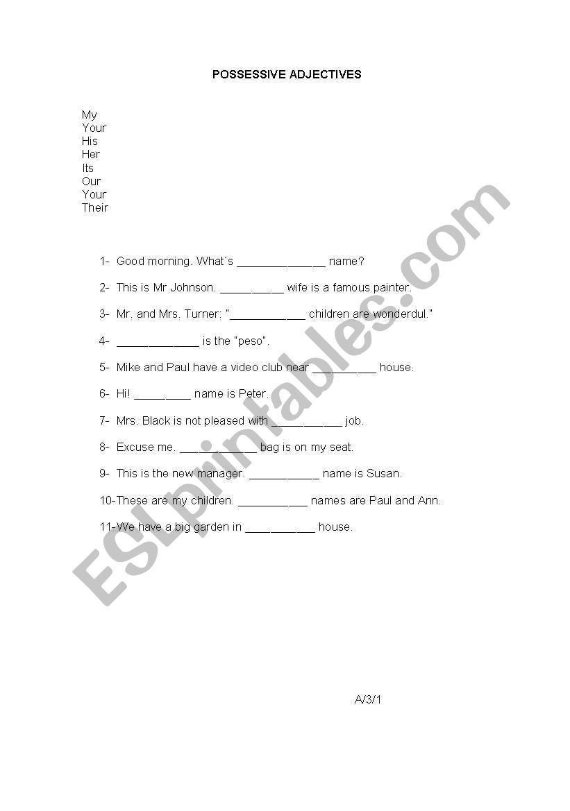 possessive adjectives worksheet