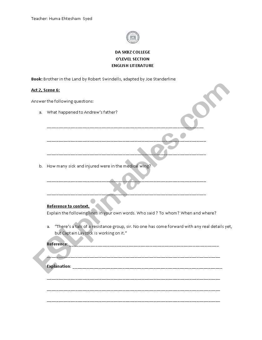 Brother in the Land worksheet