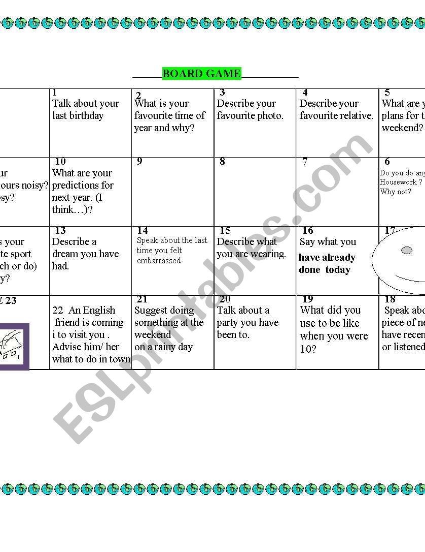 Speaking board game worksheet