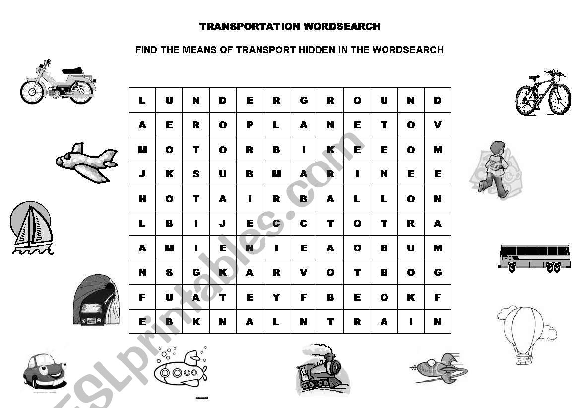 Transportation wordsearch worksheet