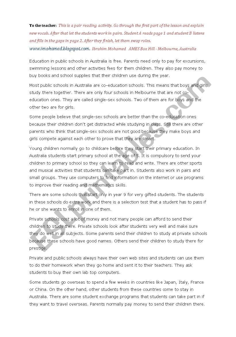 education in australia worksheet