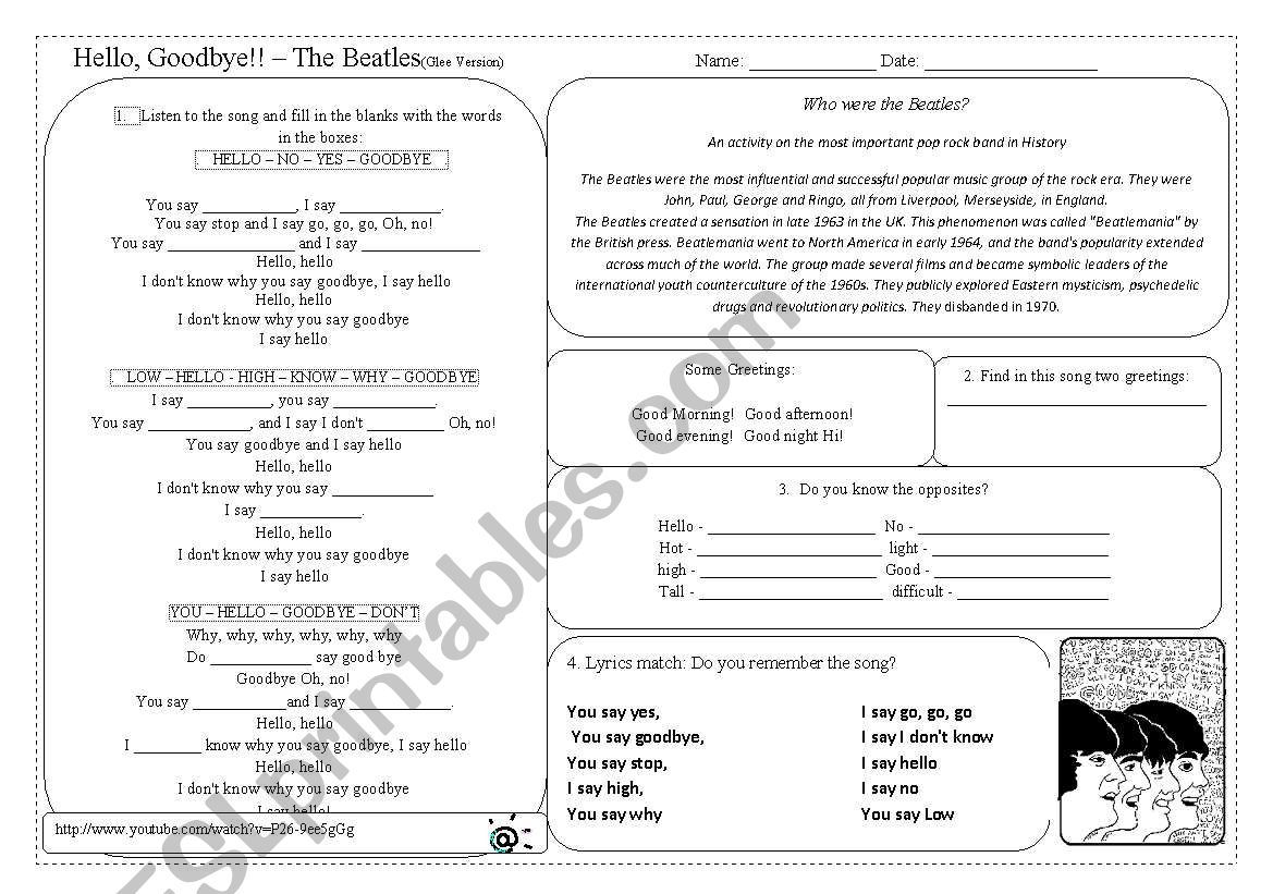 Hello, Goodbye - The Beatles worksheet