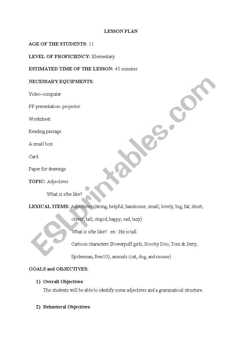Adjectives lesson plan worksheet