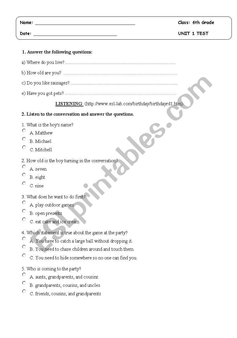 6th grade test worksheet