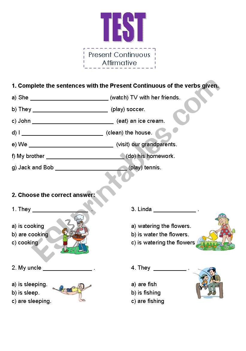 present continuous TEST worksheet