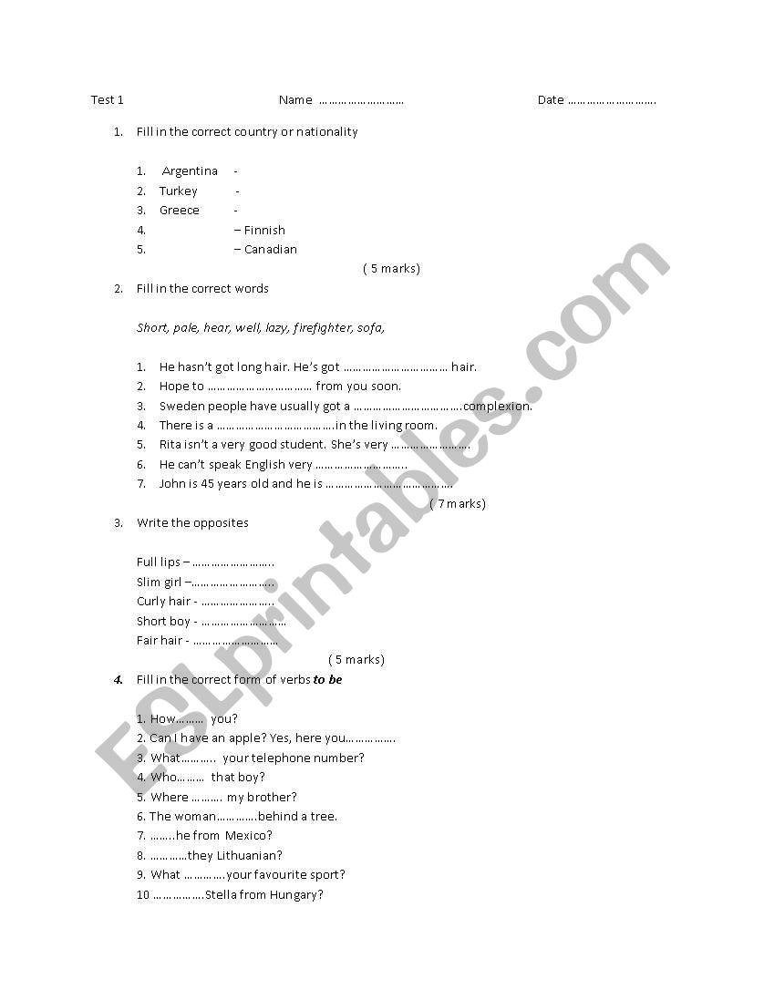 grammar test worksheet