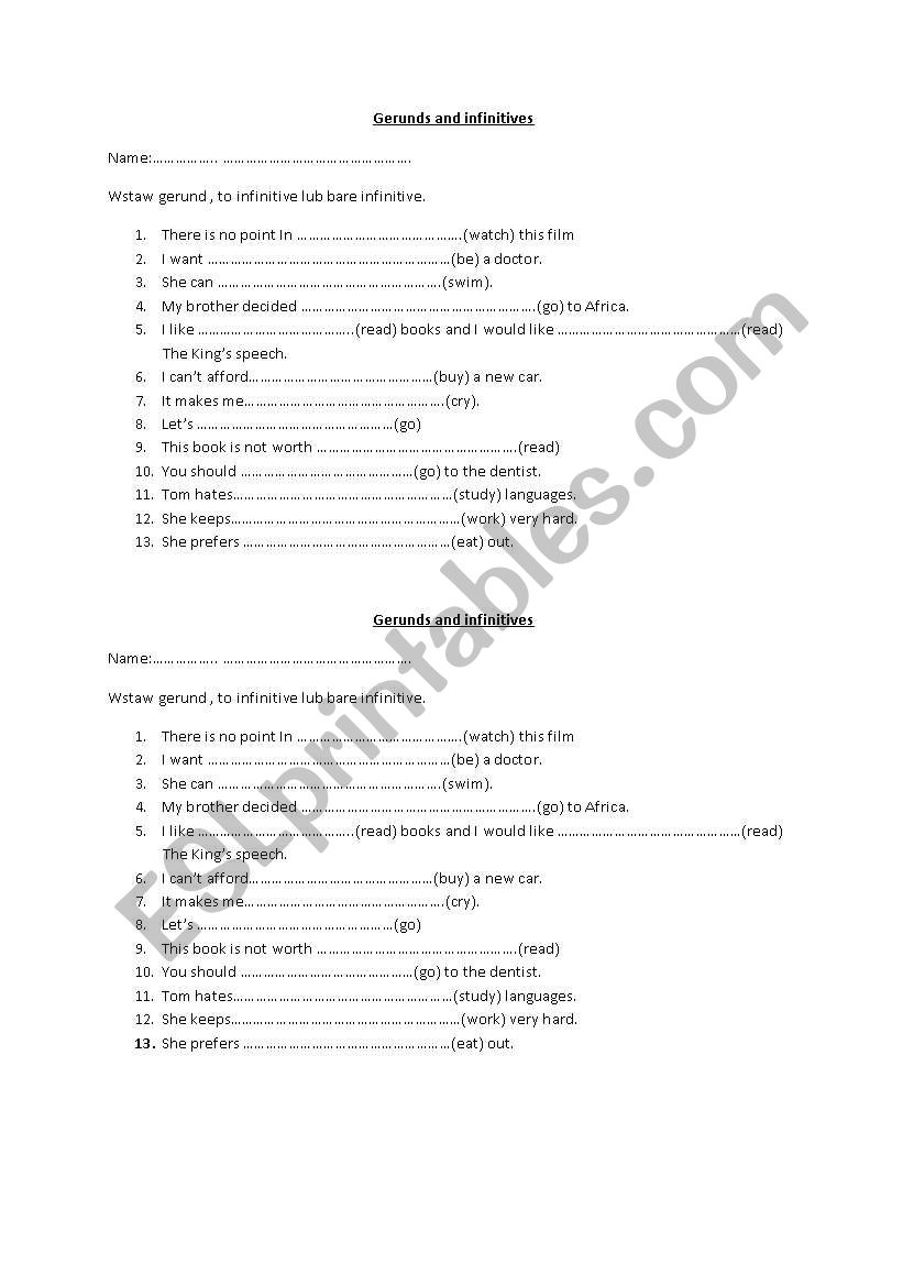 Gerunds and infinitives worksheet