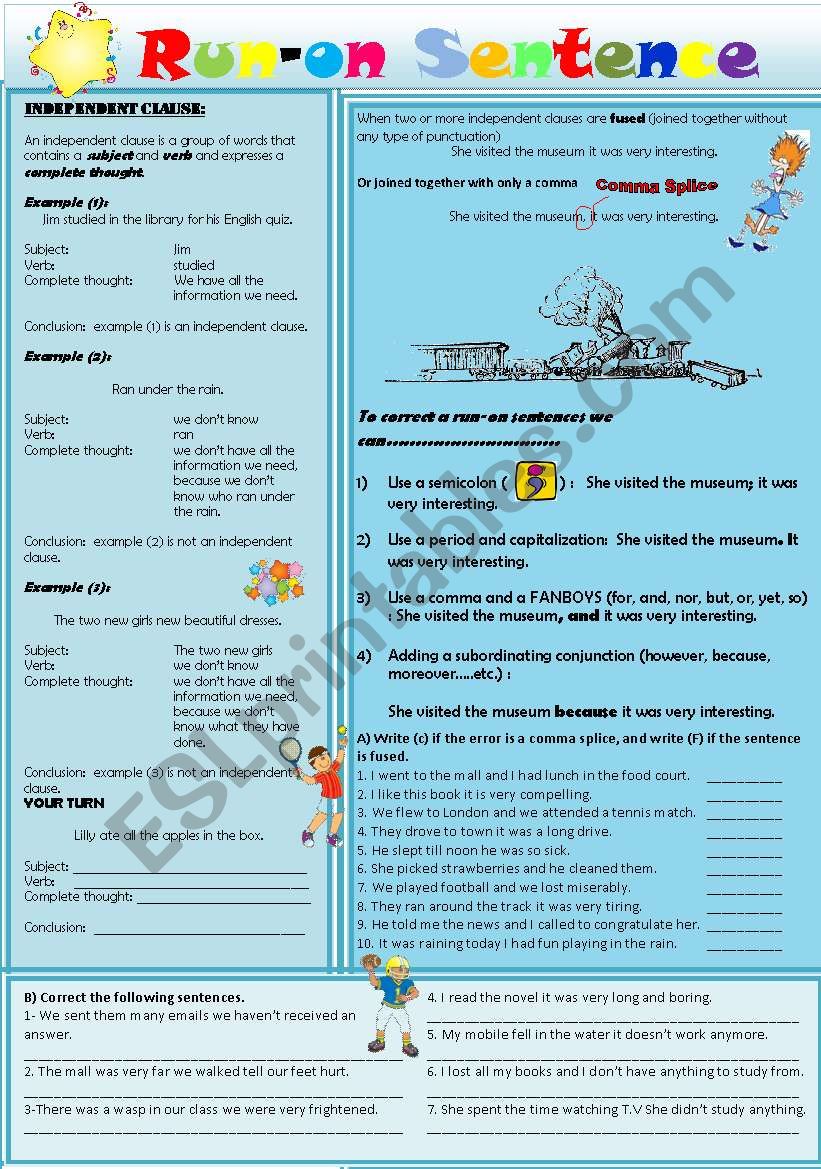 Run On Sentence Worksheet Cartoon