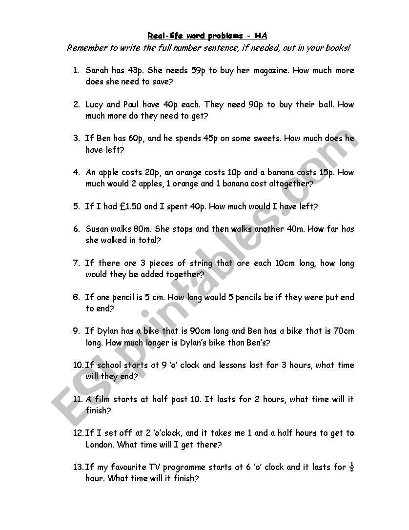 word problems  worksheet