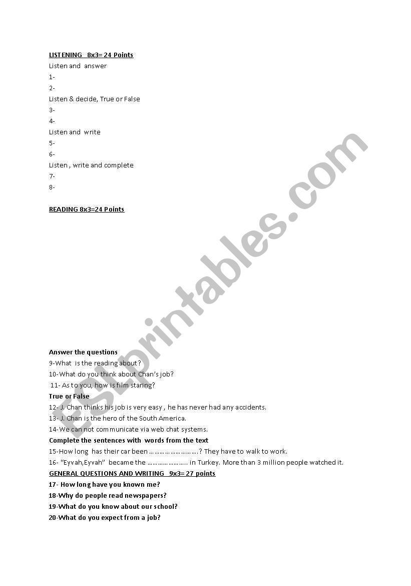 PREINTERMEDIATE EXERCISE &EXAM SAMPLE