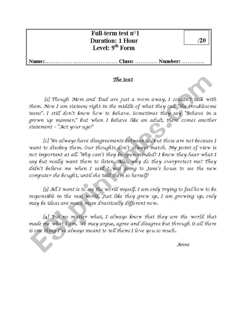 9th form full-term test n°1 worksheet