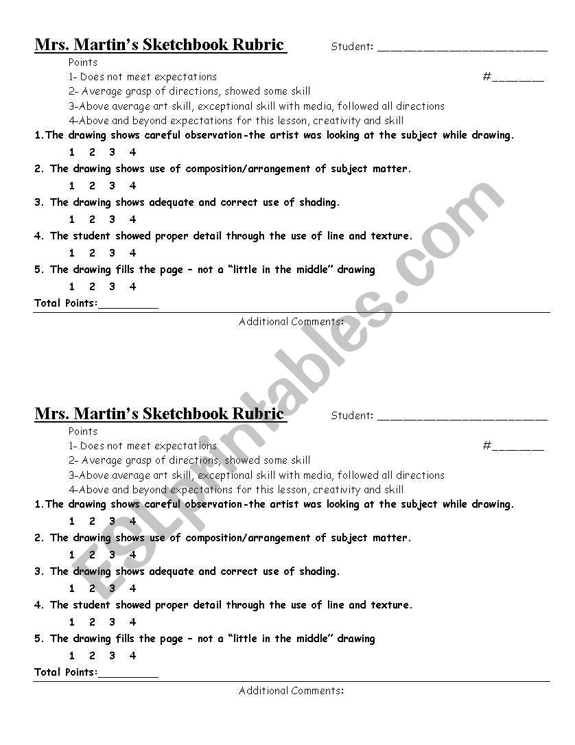 Sketchbook Rubric worksheet