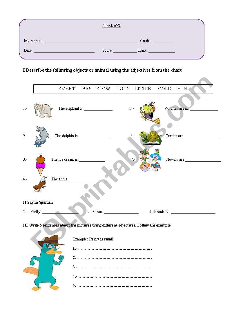 Adjective Test worksheet