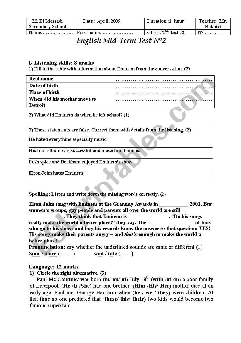 mid term test n1  worksheet