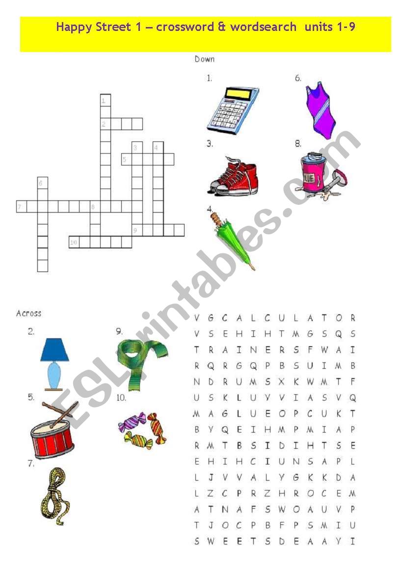 Happy Street 1 -Vocabulary Crossword and Wordsearch- units 1 to 9