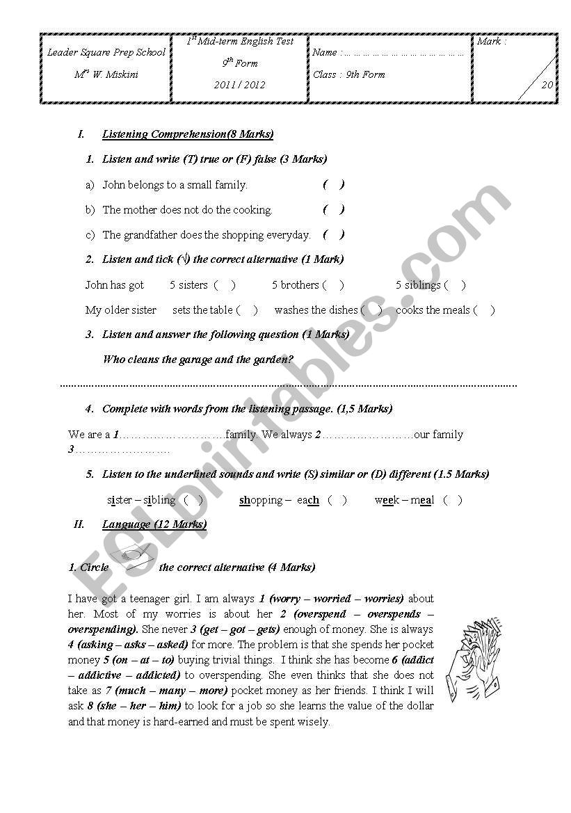 Mid term test 9th formersd worksheet