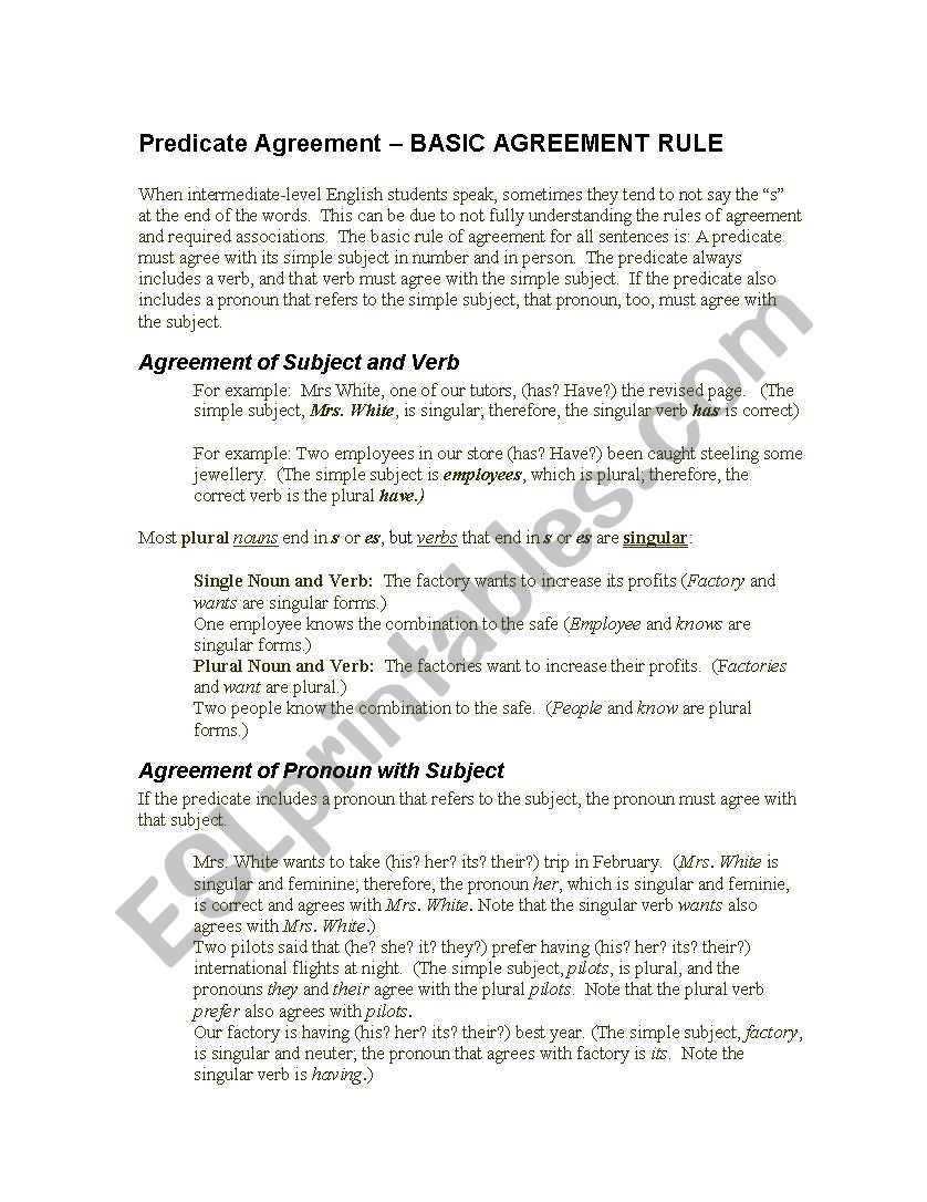 Predicate Agreement  BASIC AGREEMENT RULE