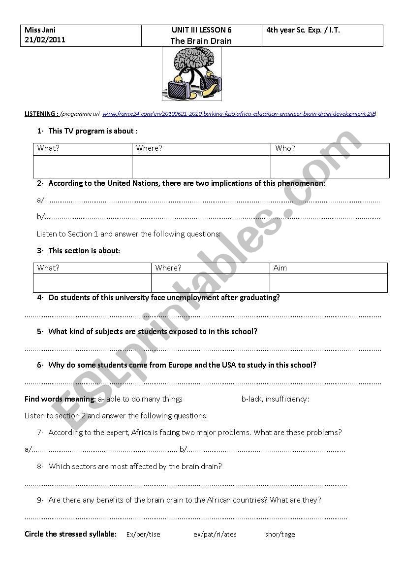 the brain drain worksheet 4th year 