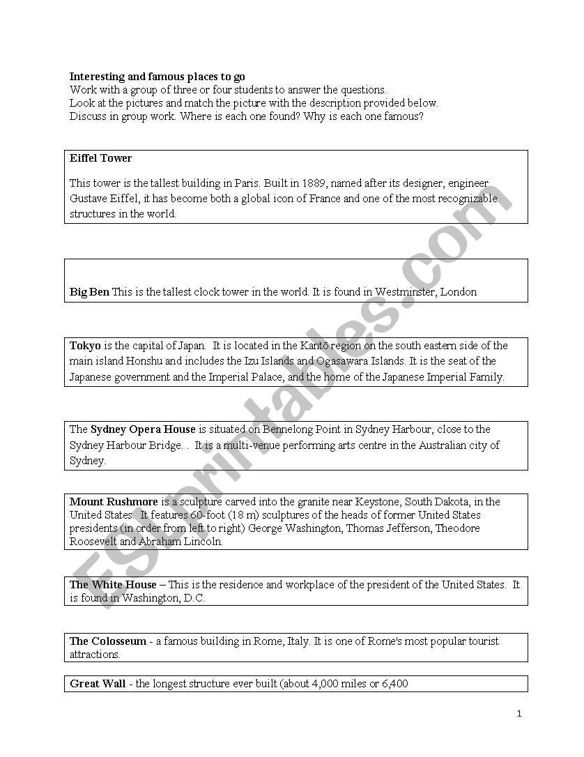 Landmarks and famous places worksheet