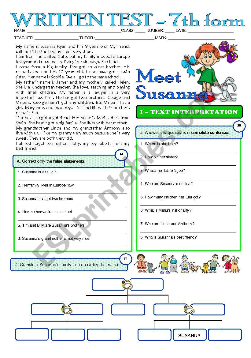 MEET SUSANNA - A 2page test for my 7 graders (3 years of English) greyscale + key