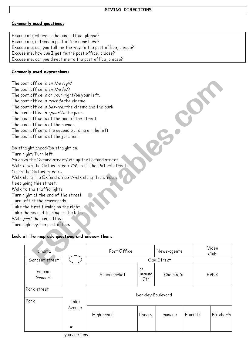 GIVING DIRECTIONS worksheet