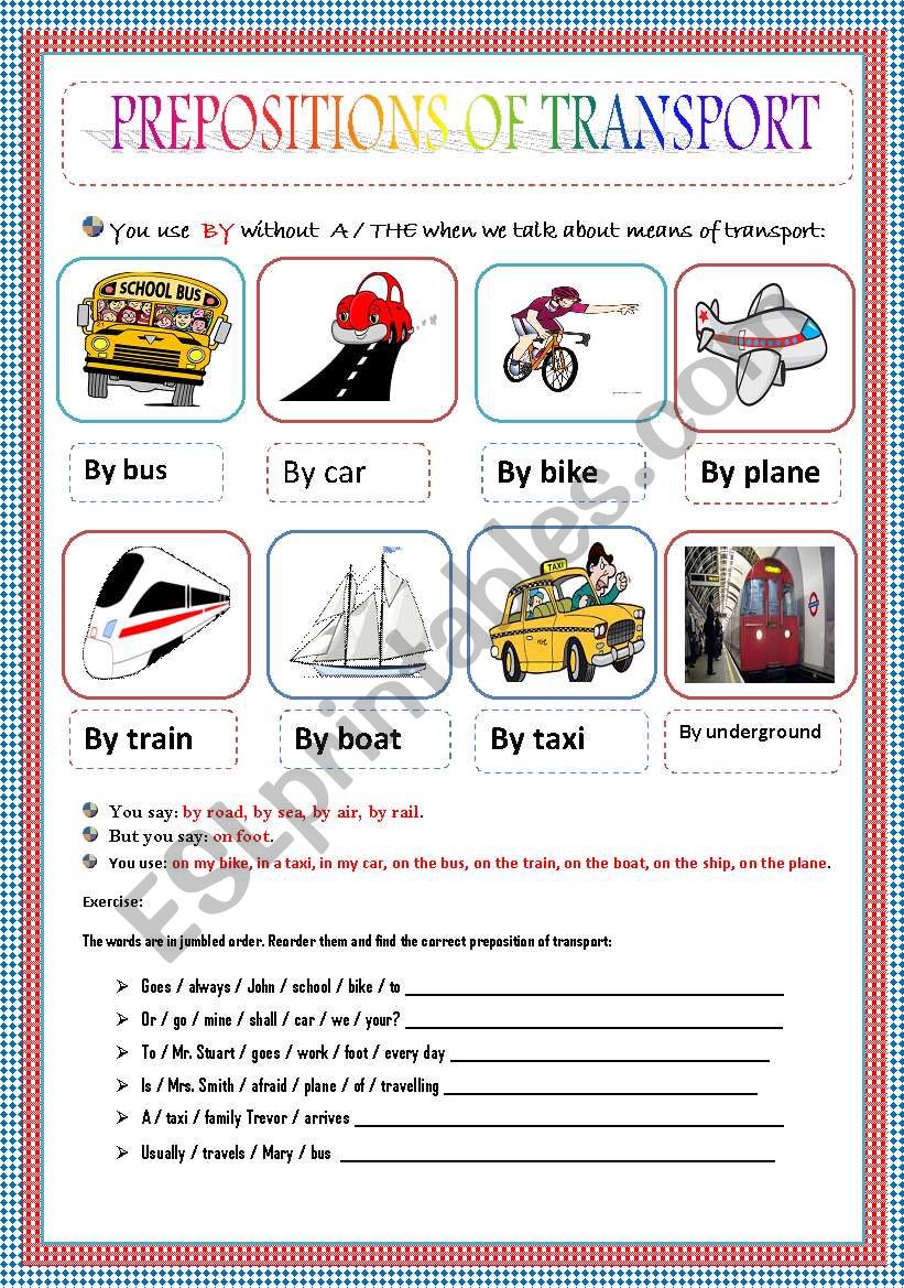 PREPOSITIONS OF TRANSPORT worksheet