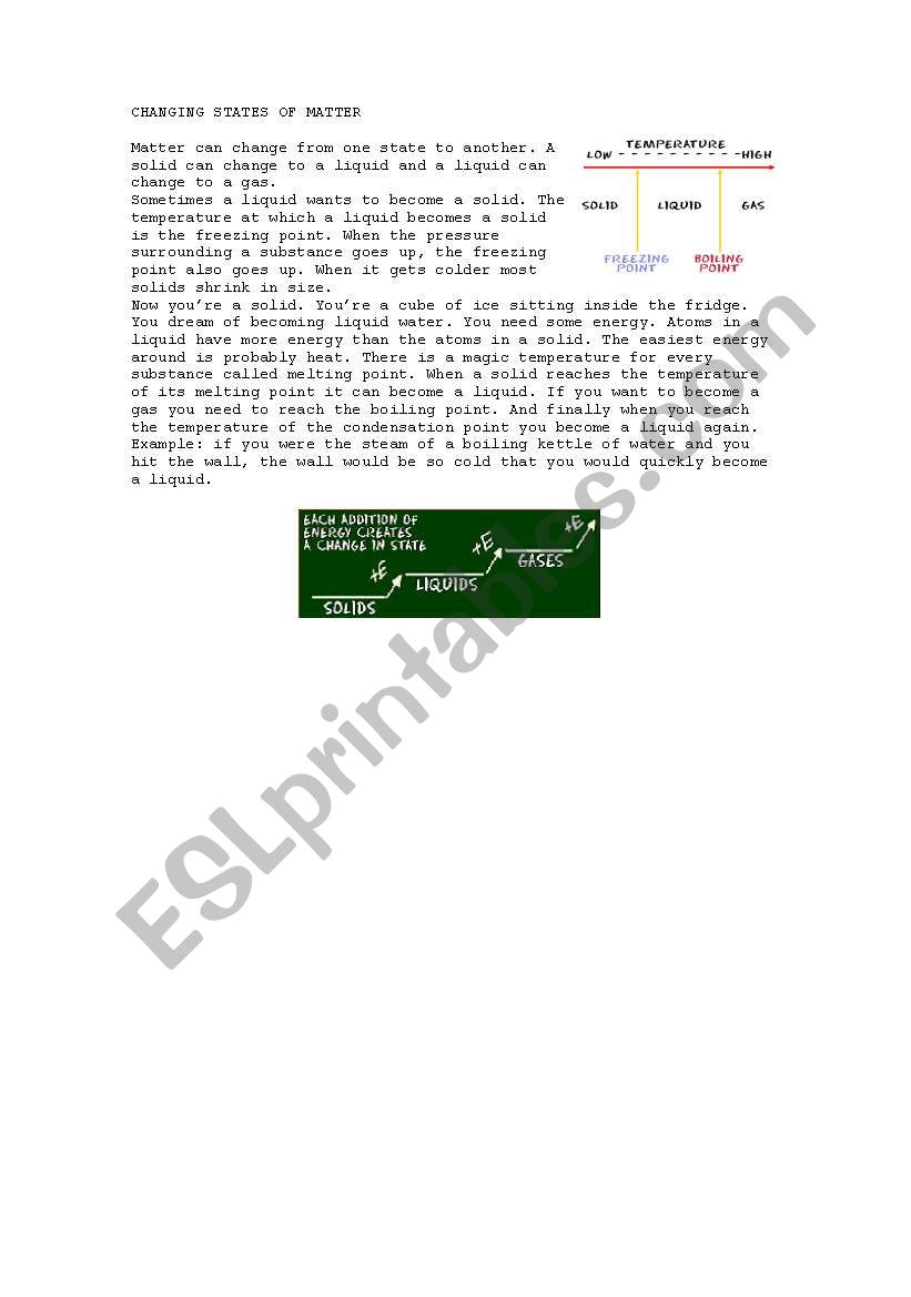 Changing states of Matter worksheet