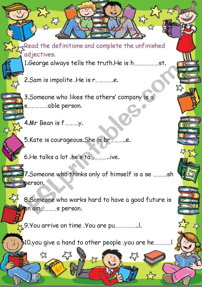 Character adjectives worksheet