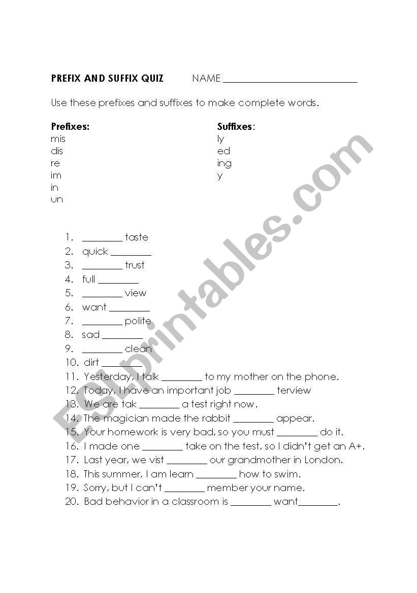 Prefix & Suffix Quiz worksheet
