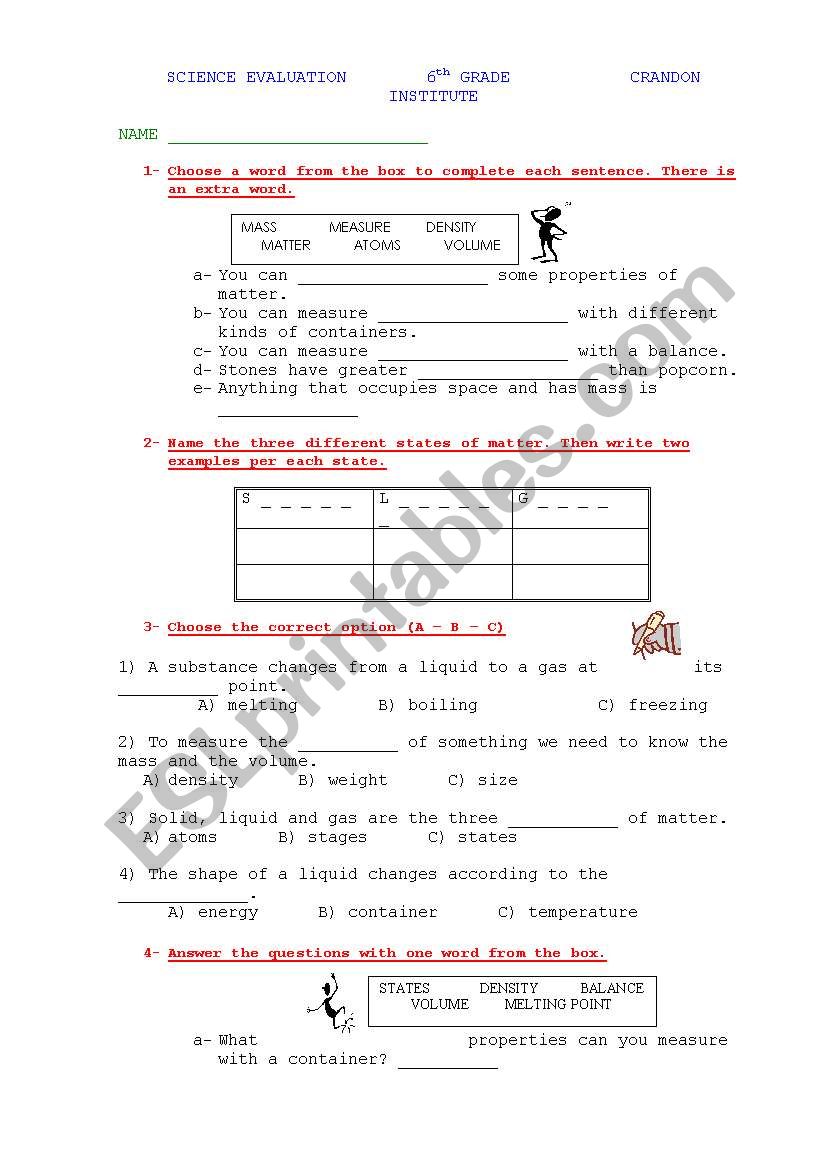 Evaluation about Matter worksheet