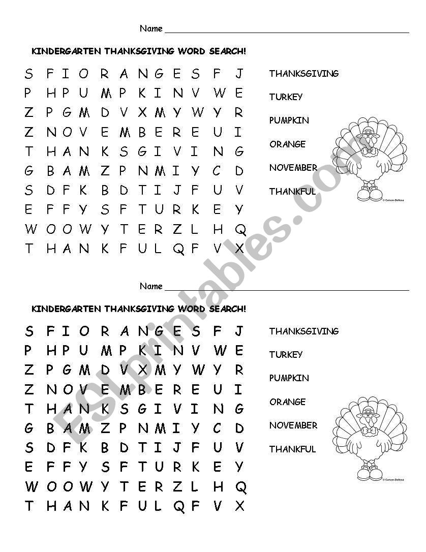 Kindergarten Thanksgiving Word Search 