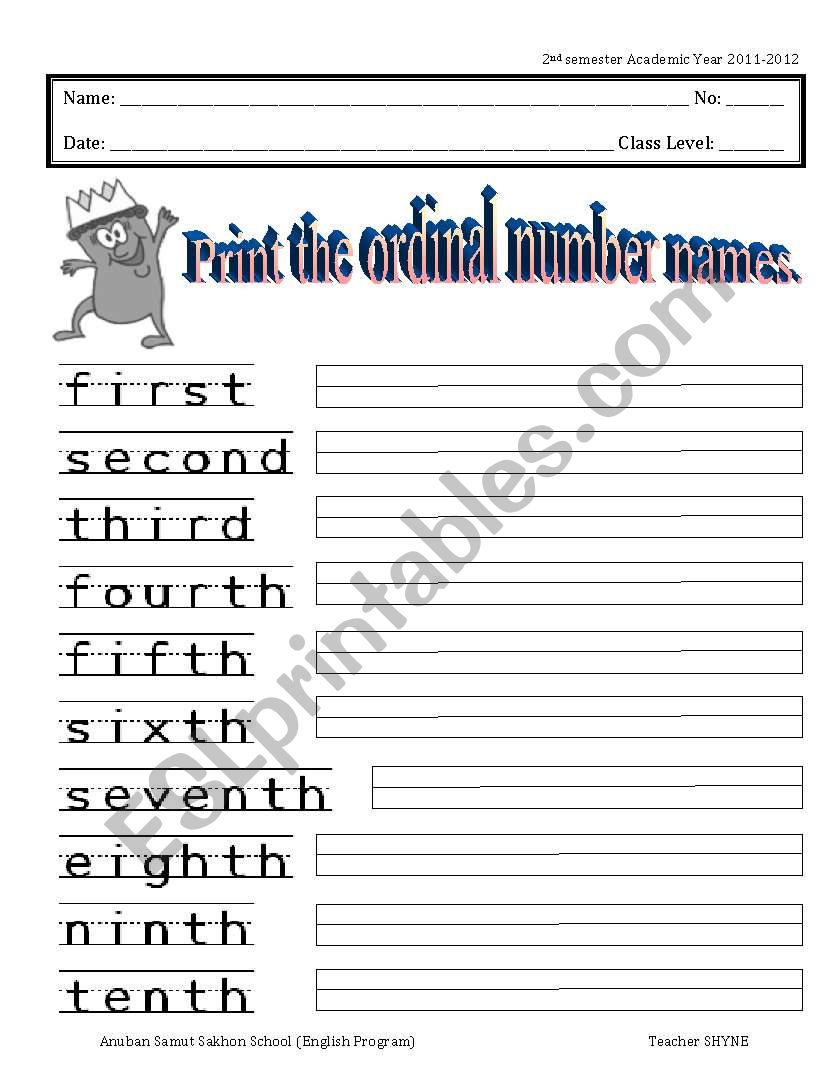ordinal number writing page worksheet