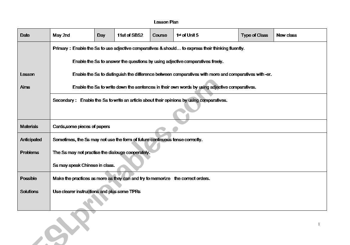 side by side 2 lesson plan U5-L1 