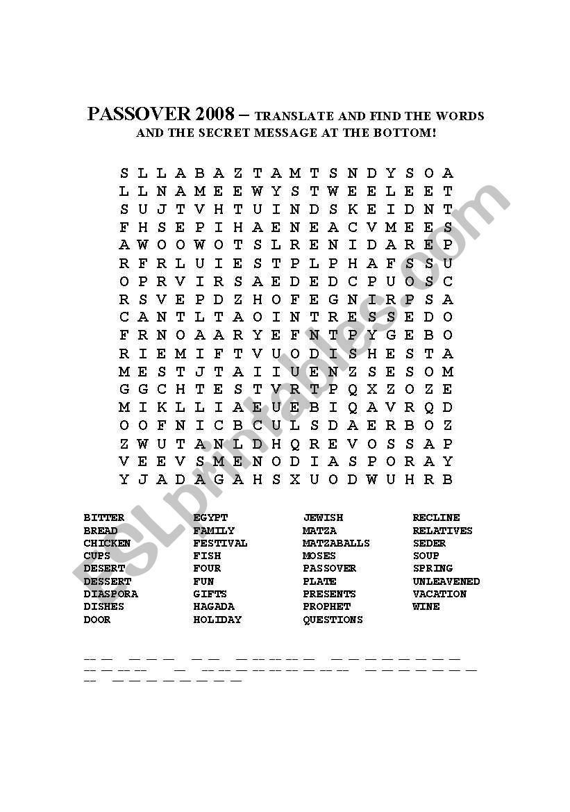 Passover Wordsearch worksheet