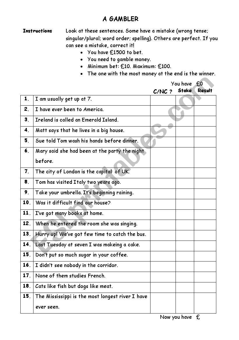 A Gambler worksheet