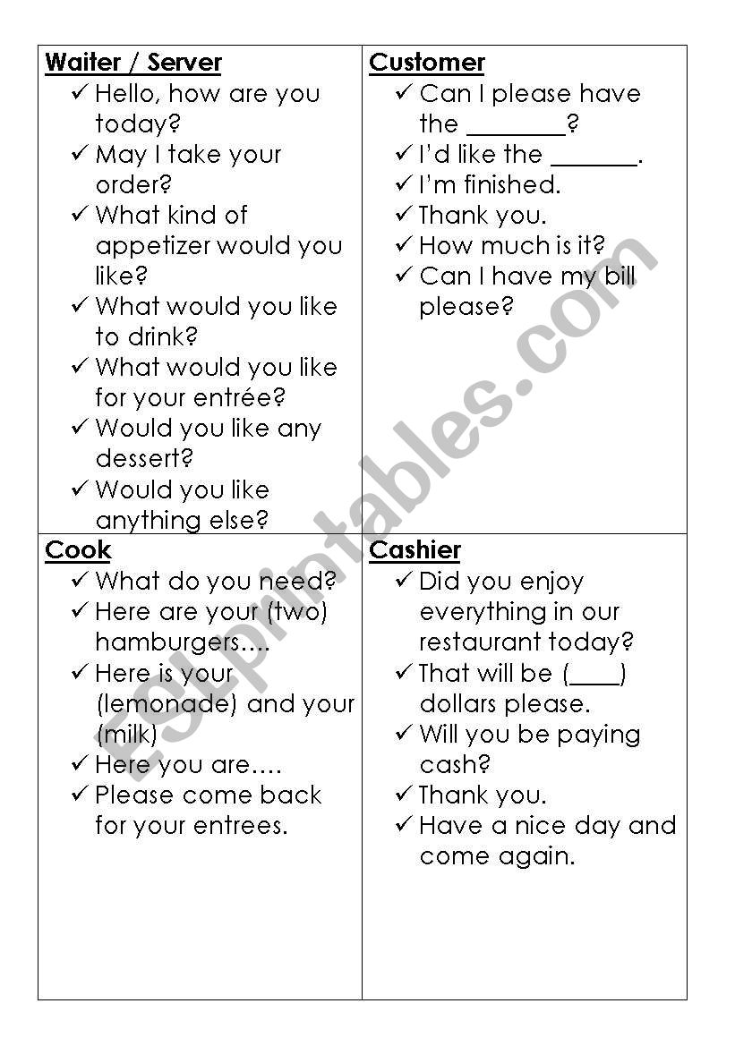 Role Play: At the Restaurant  worksheet