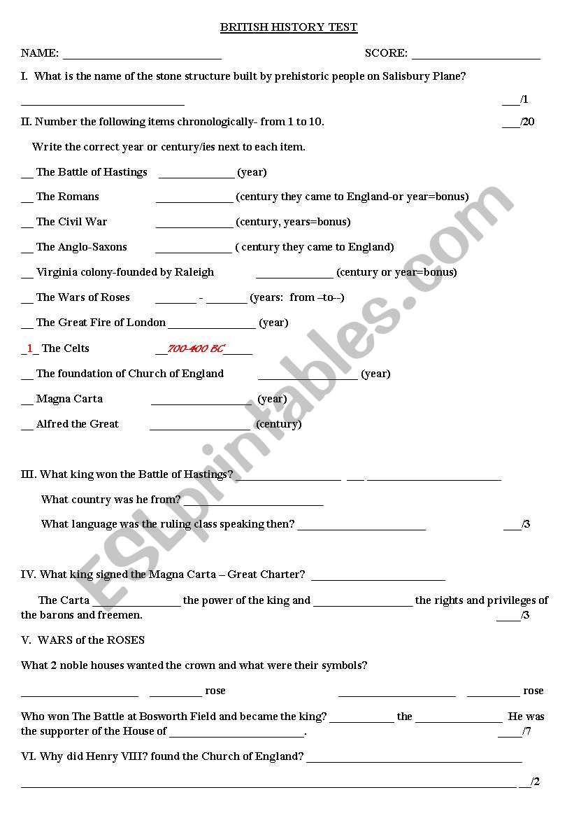 BRITISH HISTORY - TEST worksheet