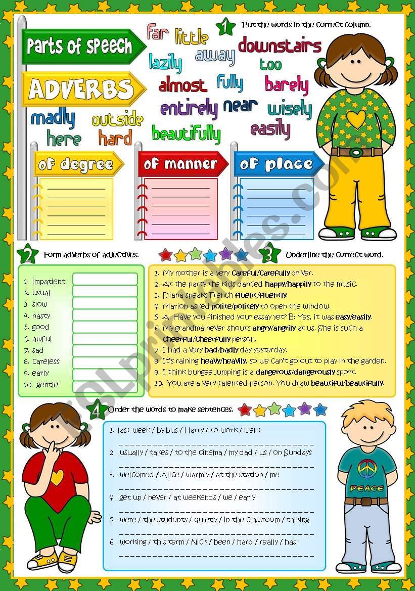 Parts of speech - ADVERBS (Greyscale + KEY included)