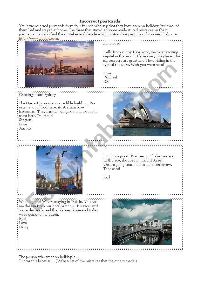 Incorrect postcards worksheet