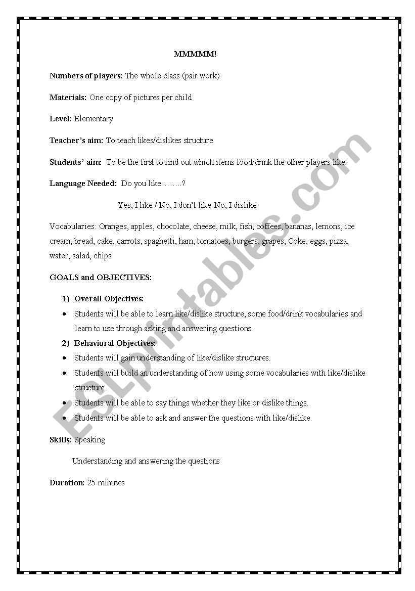 like/dislike game worksheet