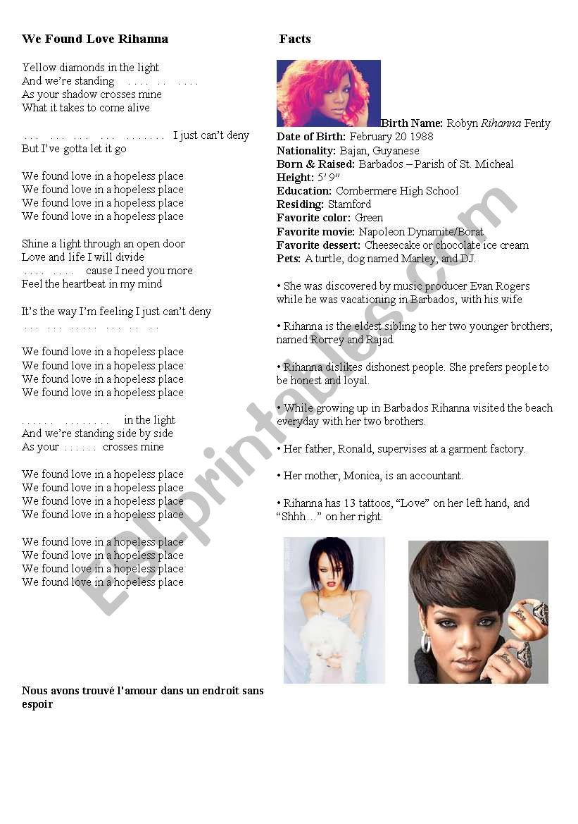 Song Rihanna we found love worksheet