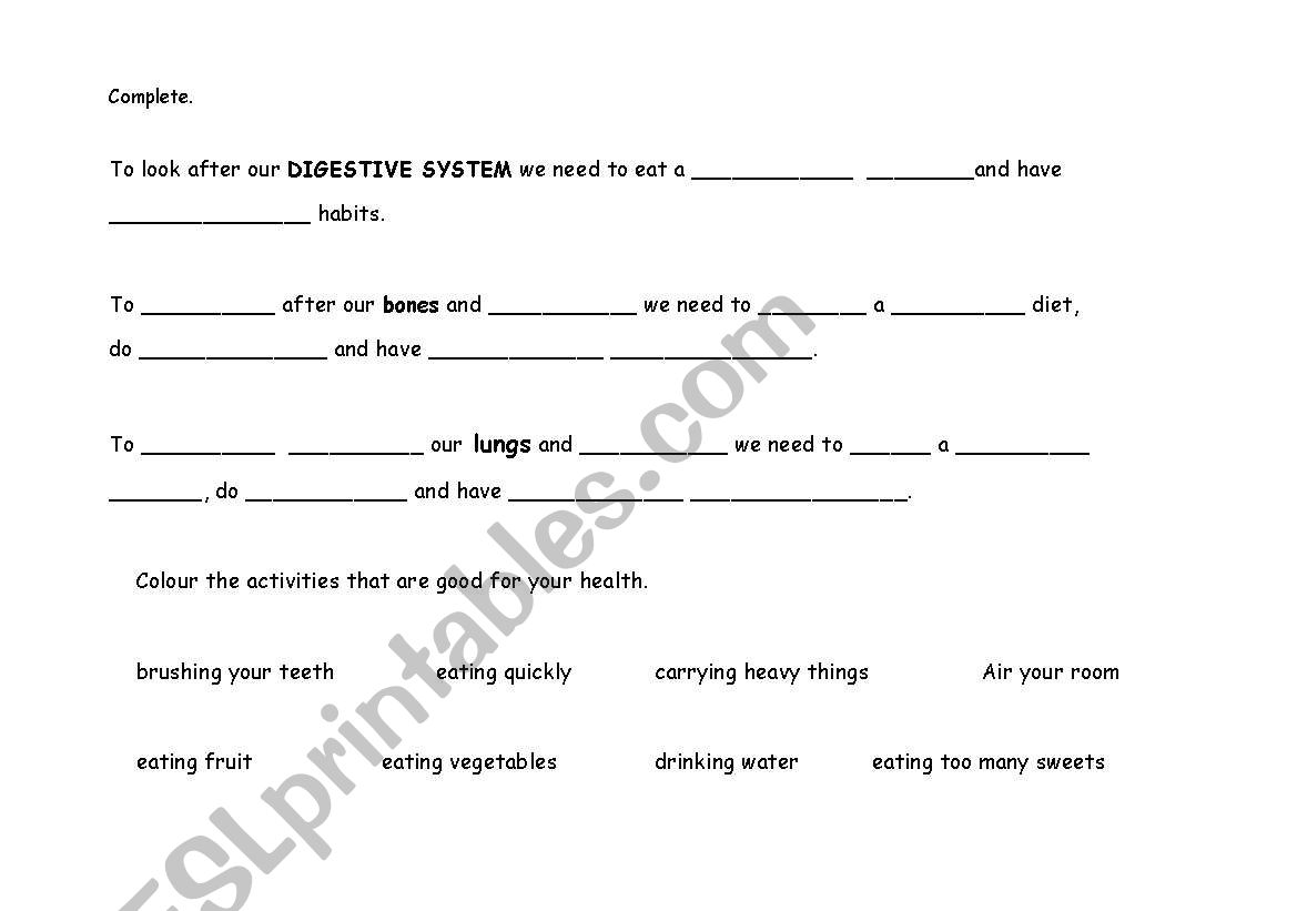 Look after your health worksheet