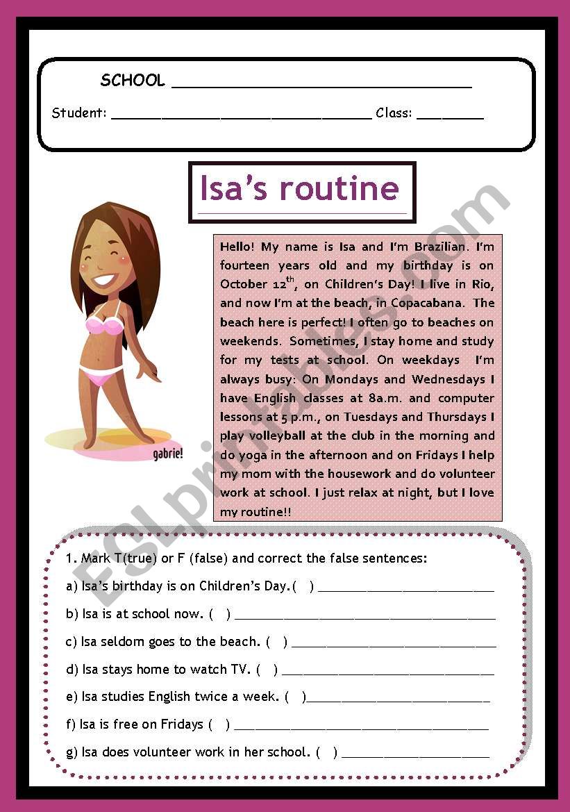 IsaÂ´s Routine - adverbs of frequency, prepositions etc...