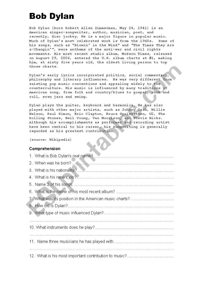 Reading - Bob Dylan worksheet