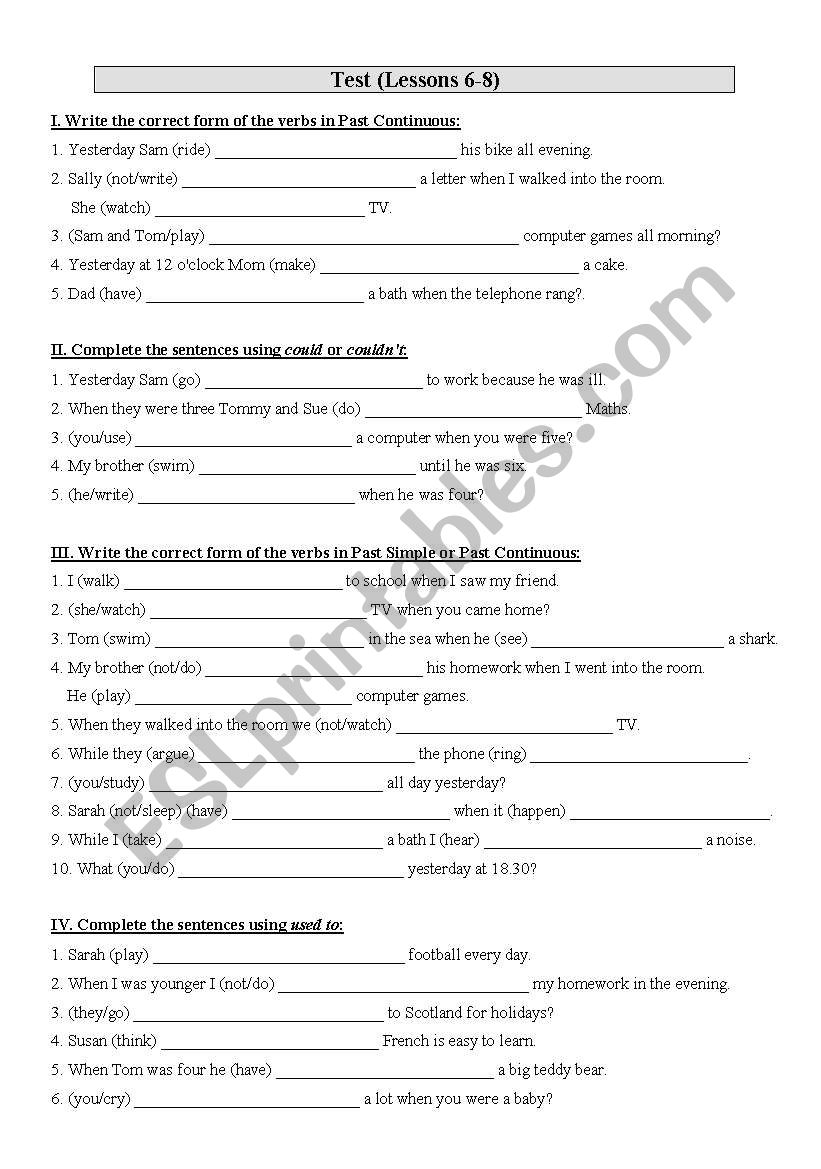 Test on: past continuous, could/couldnt, when/while, used to, names of musical instruments